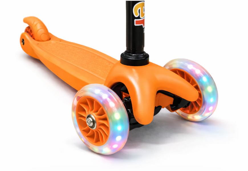 Дитячий самокат Scooter Mini жовтогарячий | Світлодіодні PU колеса, регульована ручка 55&ndash;75 см, 3 колеса AP-576 фото