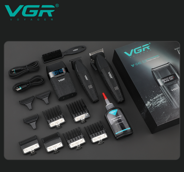 Комплект для стрижки VGR 3 в 1 V-640 S3 BLACK, машинка для стрижки, тример та електробритва шейвер АP-405 фото