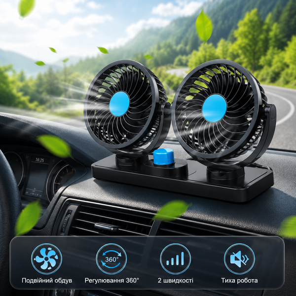 Двойной автомобильный вентилятор 12V с поворотом на 360&deg;, 2 скорости, питание от прикуривателя AP-684 фото