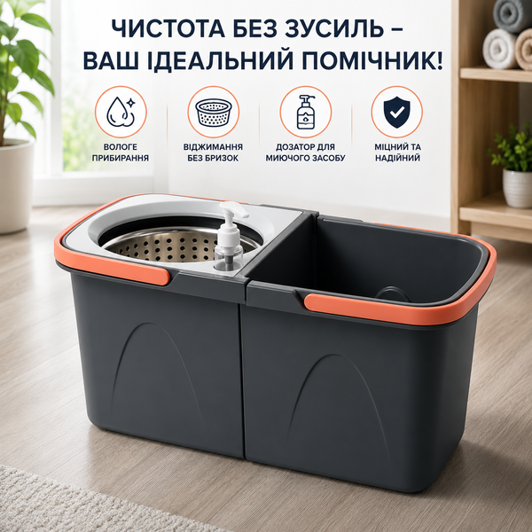 Набір для прибирання  зі шваброю, відром з автовіджимом та 2 насадками з мікрофібри AP-685 фото