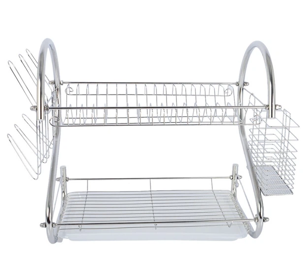 Двоярусна сушарка для посуду з нержавіючої сталі Kitchen Storage Rack з піддоном і тримачем для приладів AP-502 фото