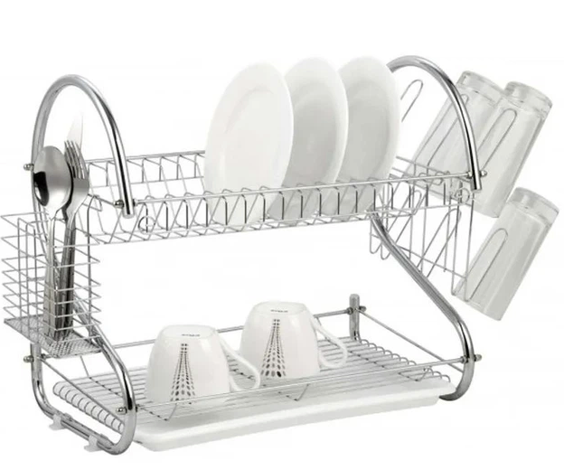 Двоярусна сушарка для посуду з нержавіючої сталі Kitchen Storage Rack з піддоном і тримачем для приладів AP-502 фото