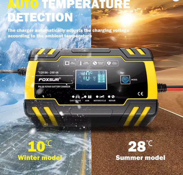 Зарядное устройство FOXSUR Smart 12В 4A / 24В 8A для авто, мото, грузовиков, лодок, AGM/GEL/свинцово-кислотных аккумуляторов с LCD-дисплеем и функцией ремонта АР-410 фото