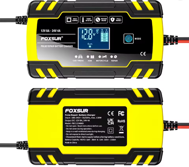 Зарядное устройство FOXSUR Smart 12В 4A / 24В 8A для авто, мото, грузовиков, лодок, AGM/GEL/свинцово-кислотных аккумуляторов с LCD-дисплеем и функцией ремонта АР-410 фото